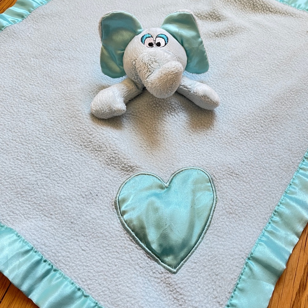 Baby Boom Lovey Elephant Teal Heart Security Blanket Satin Plush 16x18